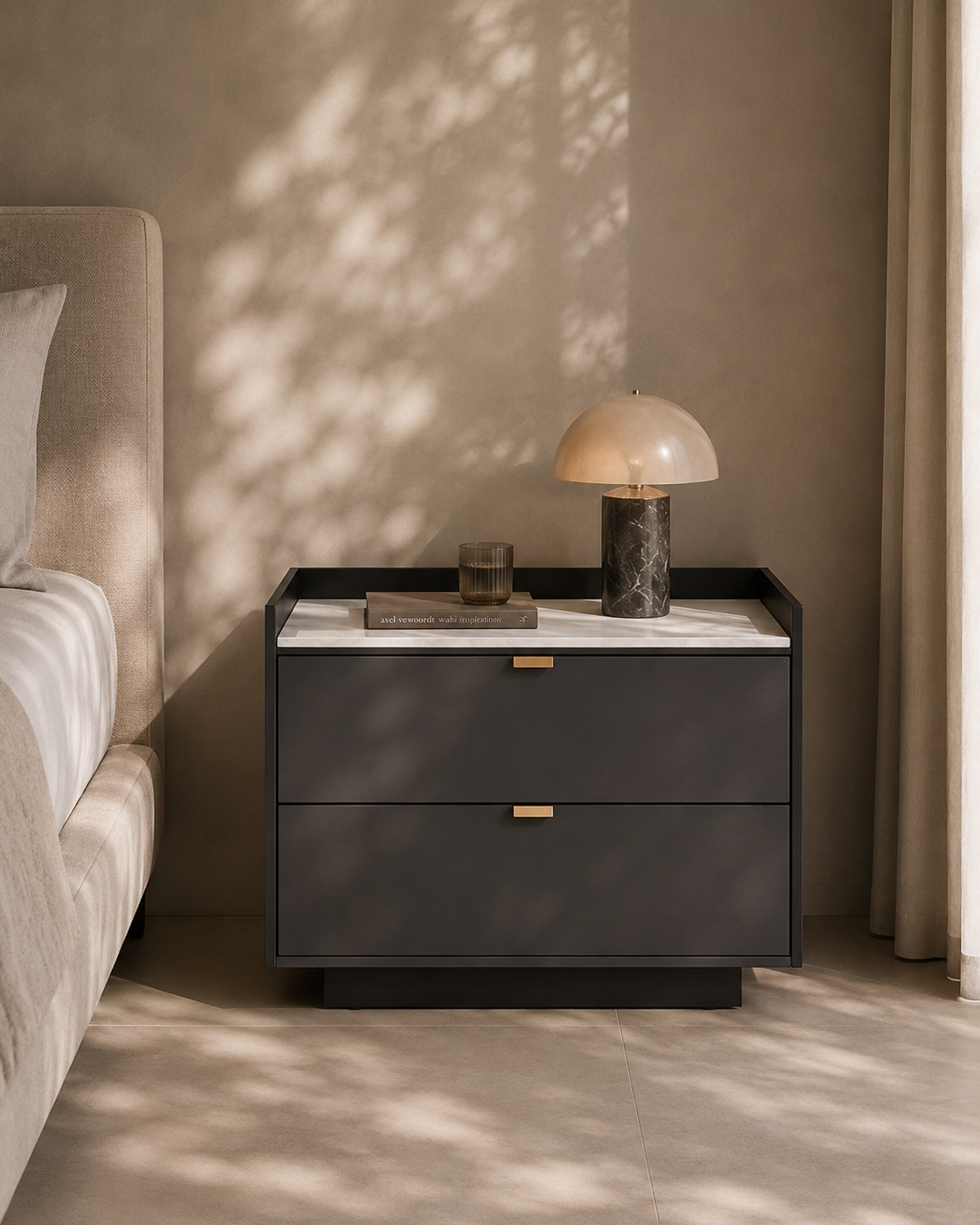 Saviour Bedside Table - White Marble & Anthracite/Grey Wash Oak