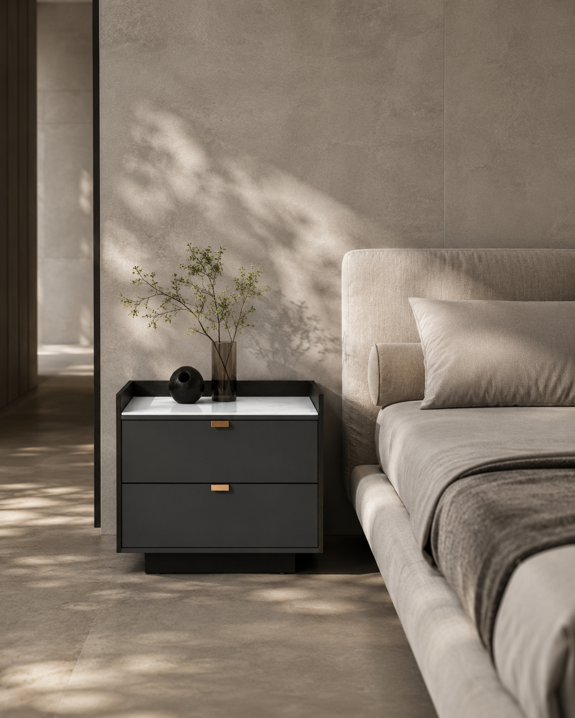 Saviour Bedside Table - White Marble & Anthracite/Grey Wash Oak