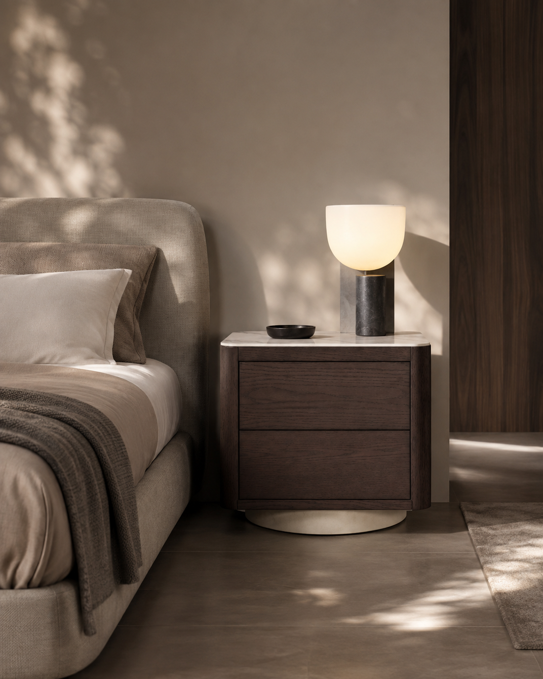 Coin Bedside Table - Smoke Oak &amp; Marble