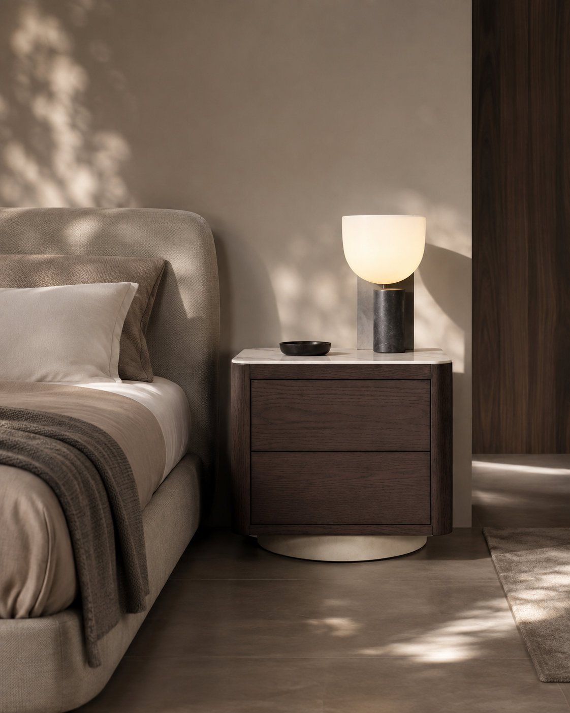 Coin Bedside Table - Smoke Oak &amp; Marble