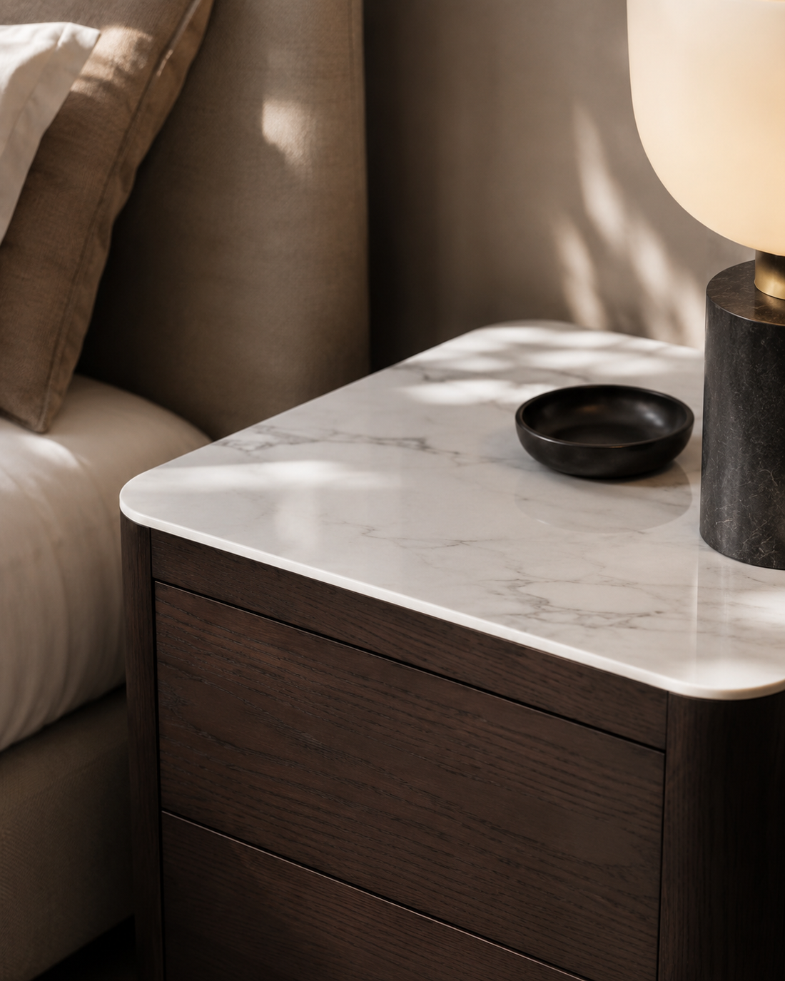 Coin Bedside Table - Smoke Oak &amp; Marble