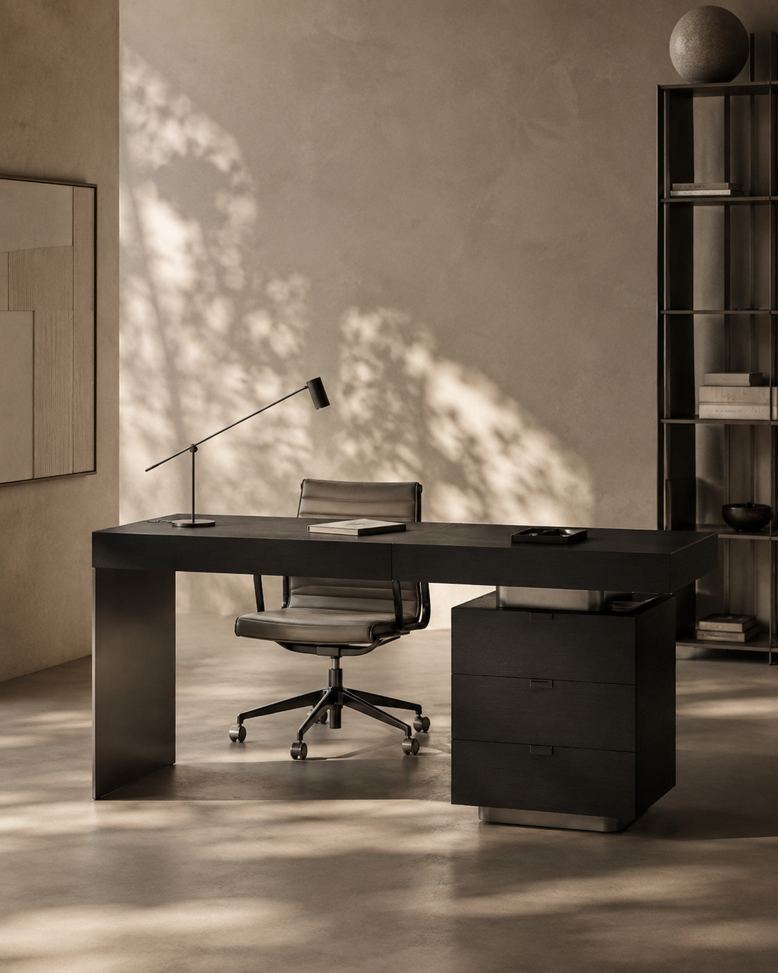 Oston Office Desk - Smoke Oak - Right Hand Drawers