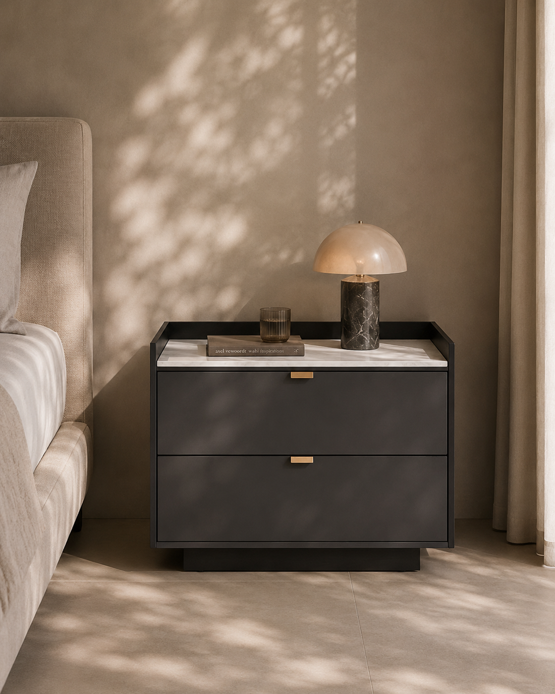 Saviour Bedside Table - White Marble & Anthracite/Grey Wash Oak
