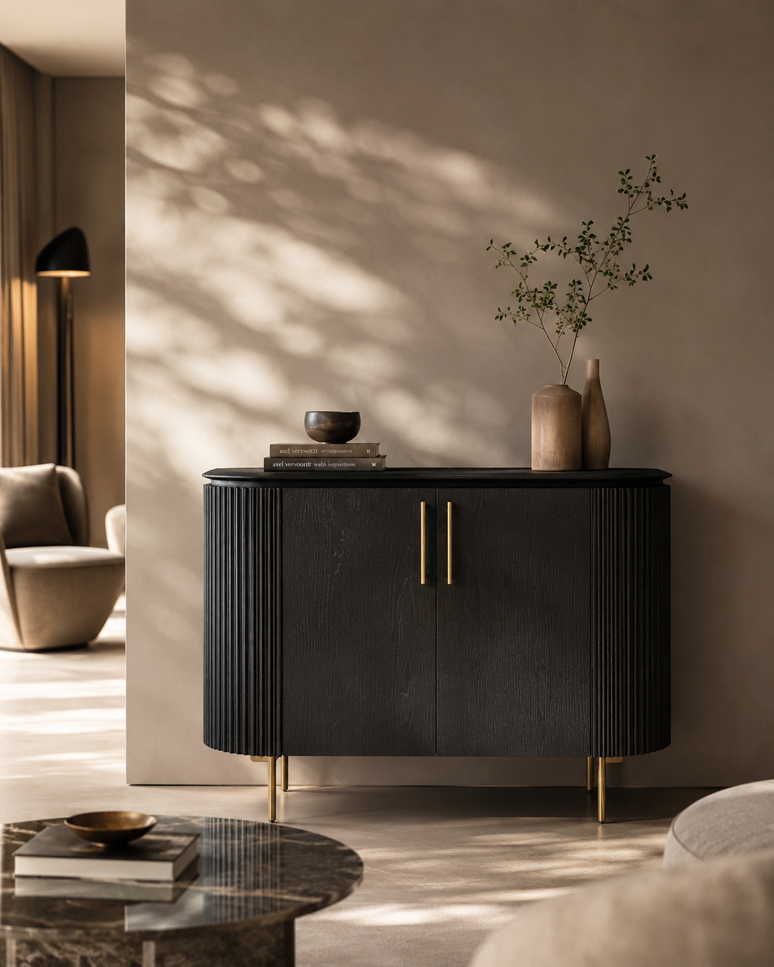 Lantine 2 Door Cabinet - Black Oak &amp; Brass