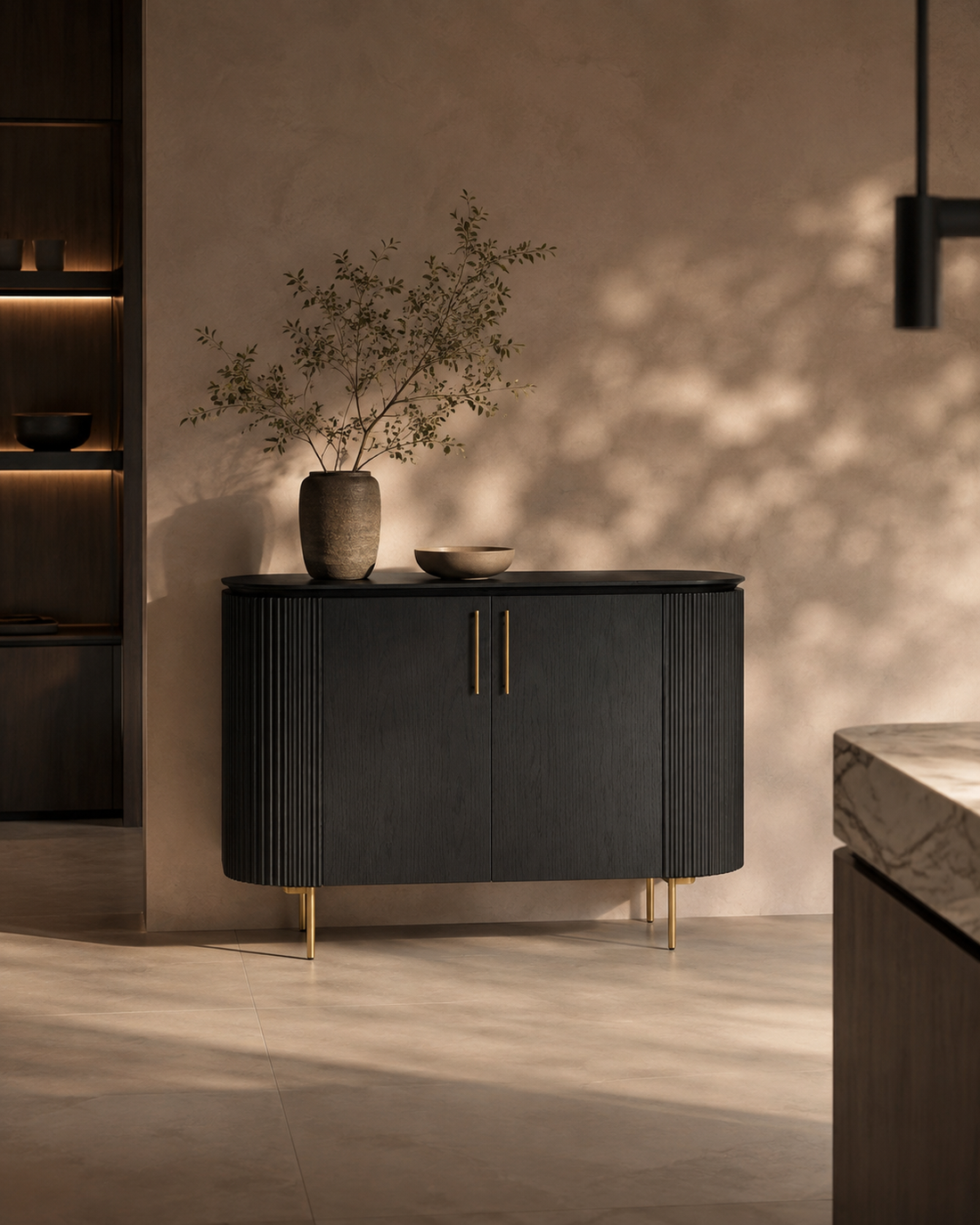 Lantine 2 Door Cabinet - Black Oak &amp; Brass
