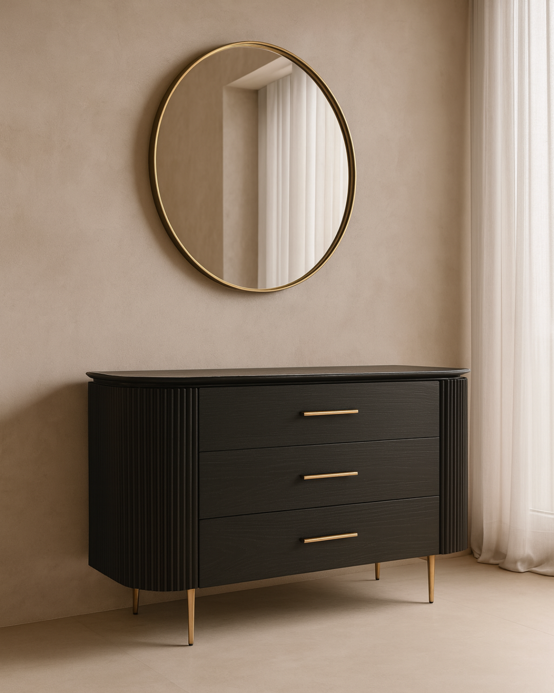 Lantine 3 Drawer Dresser - Black Oak &amp; Brass