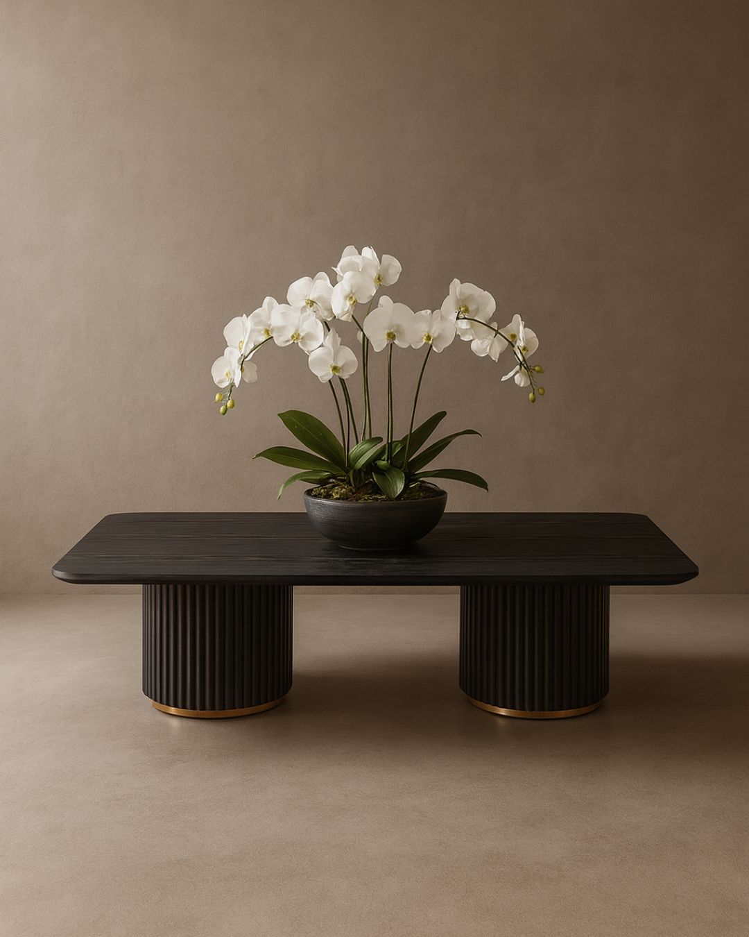 Lantine Coffee Table - Double Pedestal - Black Oak &amp; Brass