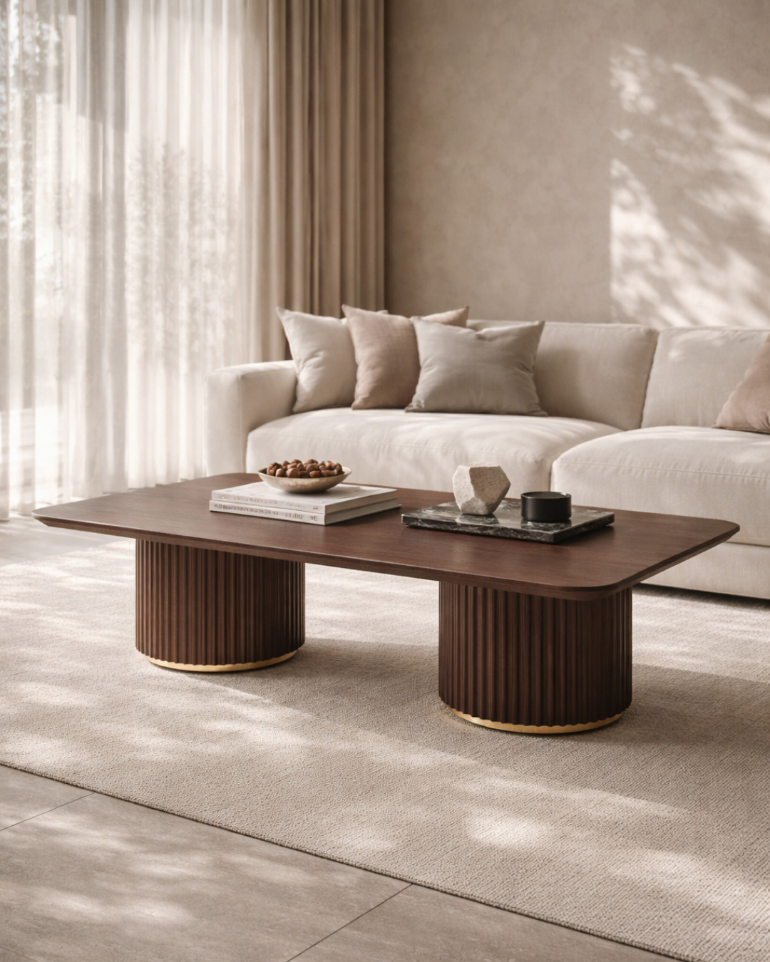 Lantine Coffee Table - Double Pedestal - Walnut & Brass