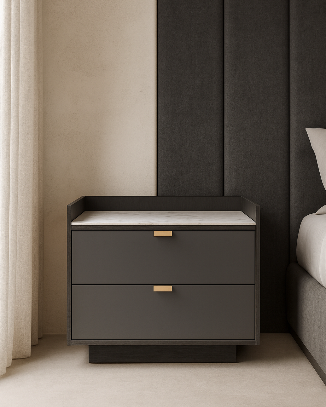 Saviour Bedside Table - White Marble &amp; Anthracite/Grey Wash Oak